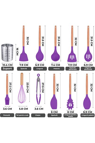 Bukate Set of 27 Kitchen Utensils, Bukate®, Wood/Silicone, Stainless Steel Support, Non-Stick, Heat Resistant Purple