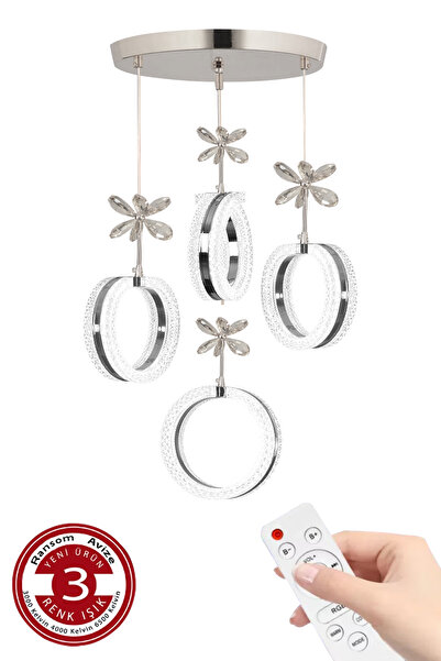 RANSOM 3 Renk Kumandalı Krom Kasa Yüzük Led Avize 4 Lü Modern Ledli Avize