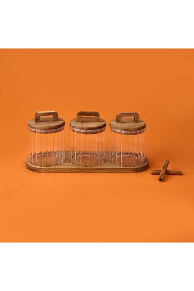 MATMEL Glass Spice Jar Set with Acacia Lid - Brown / Transparent - 600 ml