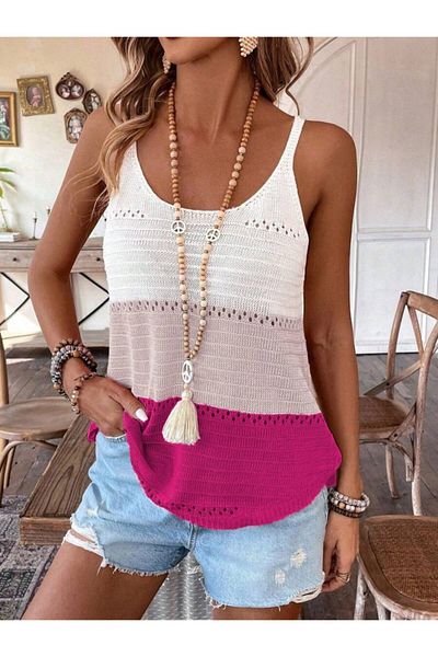 REKA MODA Women's Strappy Round Neck Double Color Knitwear Blouse
