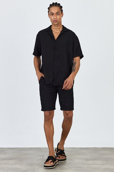 MADZEYMODA Premium Men's Woven Shirt & Shorts Black Bottom Top Set Ls-5605