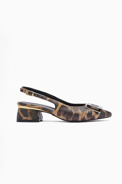 Limoya Tiana Leopard Patterned Short Heeled Shoes with Accessories, Pointed Toe Heels, Luxury Ballerinas with Open Back
