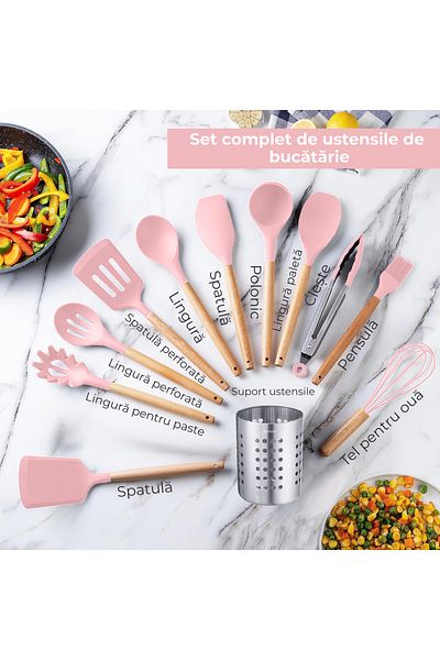 Bukate Set of 27 Kitchen Utensils, Bukate®, Wood/Silicone, Stainless Steel Support, Non-Stick, Heat Resistant - Pink