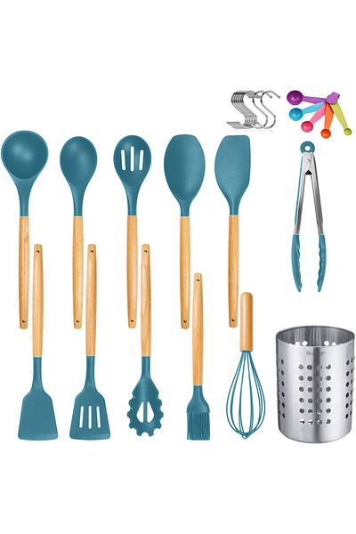 Bukate Set 27 Ustensile Bucatarie, Bukate®, Lemn/Silicon, Suport Inox, Antiaderente, Termorezistente