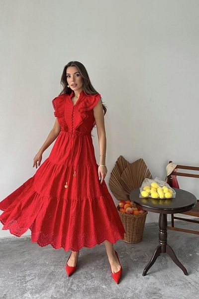 modaserdem Red Ruffled Buttoned Dress