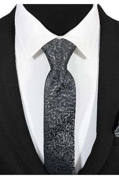 BLC Basic Line Co. Gray Grizzled Patterned Microfiber Tie and Handkerchief Set on Black Background- 7 cm Modern Cut