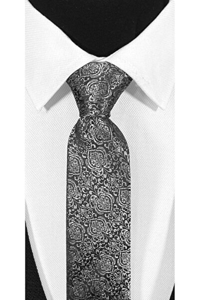 BLC Basic Line Co. Γκρι Vintage μοτίβο μικροΐνες γραβάτα και μαντήλι σε μαύρο φόντο - 7 cm μοντέρνα κοπή