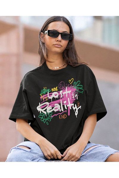 Pink Sky Cotton Oversize Lost in Reality Printed Short Sleeve Crew Neck Comfortable Casual T-Shirt