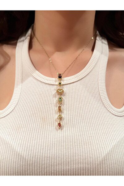 Hizay قلادة من الفولاذ على شكل حرف Y من حجر الزركون الملون