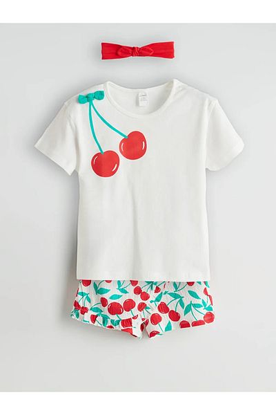 LC Waikiki Lcw Baby Ecru Baby Girl T-Shirt Shorts Hair Band 3 Piece Set