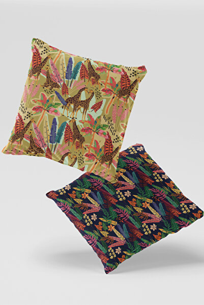 EsnafAli Set de 2 huse de pernă cu model de frunze tropicale și zebră, albast...