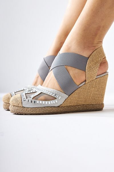 Limoya Meliza Gray Elastic Straw Sole Heeled Women's Sandals