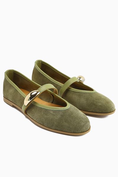 Limoya Dámské baleríny z pravé kůže Aliana Khaki Suede s detailem přezky