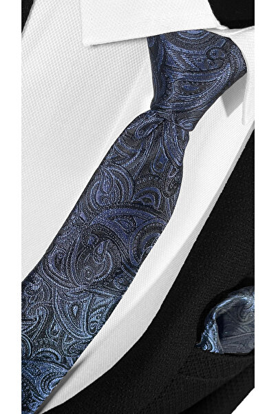 BLC Basic Line Co. Чорний фон з візерунком шал з арабського синього мікрофібри краватка і серветка комплект - 7 см сучасний крій