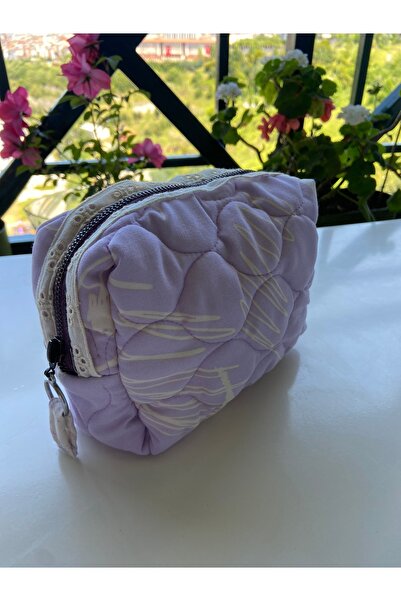 Cream Lila Desenli Mini Makyaj Çantası