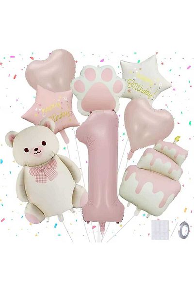 DÜVENCİ TİCARET Cream Bear Paw Cake Birthday Age Balloon Set with Foil Balloons