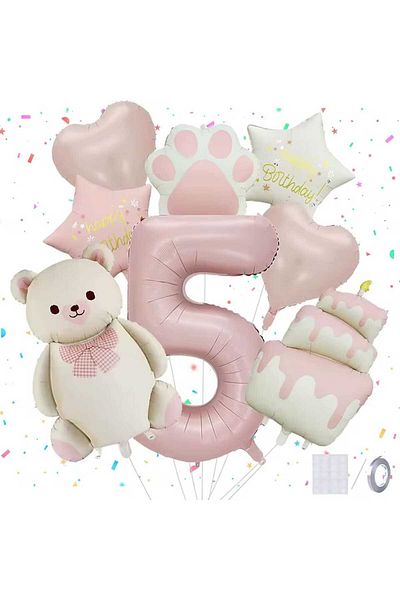 DÜVENCİ TİCARET Cream Bear Paw Cake Birthday Age Balloon Set with Foil Balloons