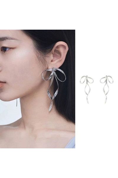 HISCOSMETIC Women's Silver Bow - Ribbon Earrings