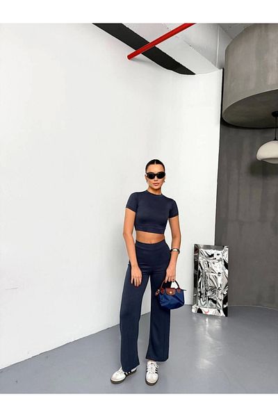 Kokosh moda Osy Modal Soft Textured Fabric Short Sleeve Crop Bottom Flared Leg Trousers Double Set -