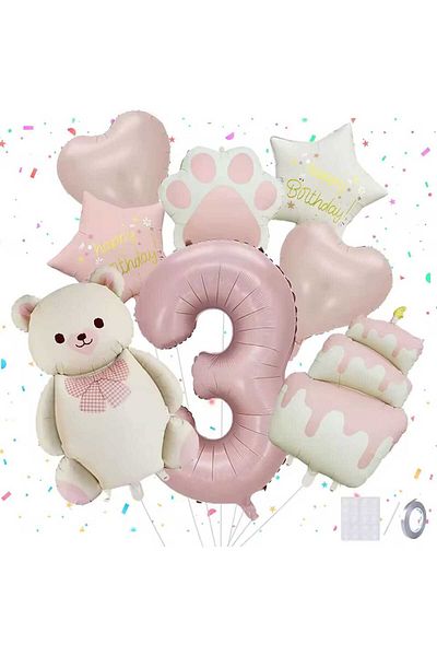 DÜVENCİ TİCARET Cream Bear Paw Cake Birthday Age Balloon Set with Foil Balloons