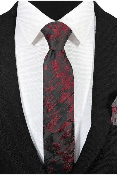 BLC Basic Line Co. Microfiber Tie and Handkerchief Set with Burgundy Brush Pattern on Black Background - 7 cm Modern Cut
