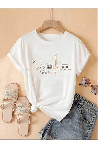 Pink Sky Cotton Oversize Paris Line Art City Silhouette Short Sleeve Crew Neck Comfortable Casual T-Shirt