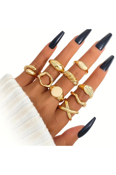Girift Vintage Rina 9 Adet Punk Stili Gold Yüzük Seti Ayarlanabilir