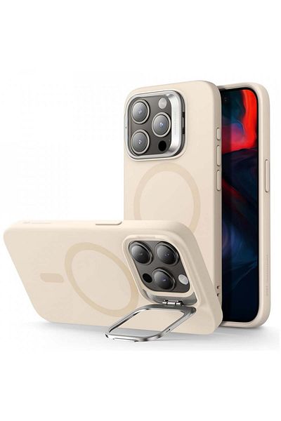 ESR IPhone 15 Pro Max Case - ESR Cloud Soft HaloLock Kickstand - Light Tan