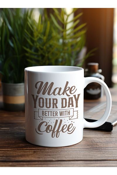 LOWHA 11 oz Ceramic Mug with Make Your Day Better with Coffee Design
