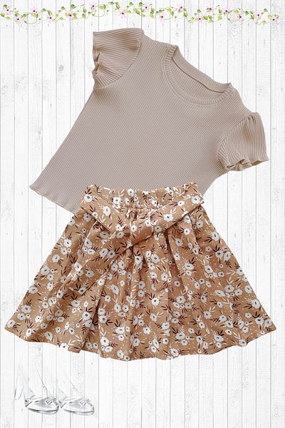 MODA59 Girl's Skirt Suit, Light Brown Floral Skirt - Beige Color Twill T-Shirt