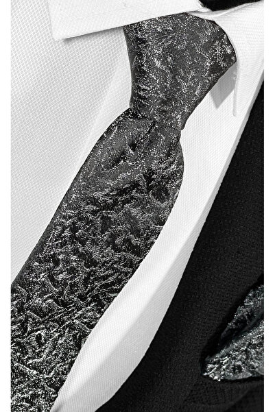 BLC Basic Line Co. Σετ γραβάτα και μαντήλι από μικροΐνες με γκρι γκρι μοτίβο πάνω από μαύρο φόντο- 7 cm Μοντέρνα κοπή