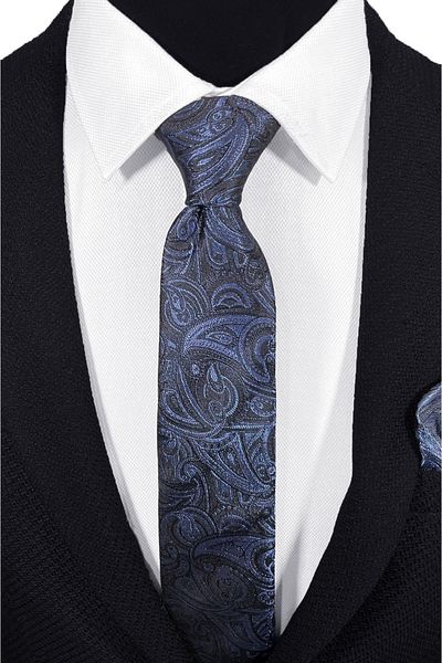 BLC Basic Line Co. Microfiber Tie and Handkerchief Set with Paisley Pattern in Teal on Black Background - 7 cm Modern Cut