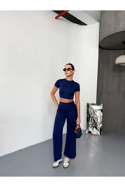 TUA MODA Tua Moda Osy Modal Soft Textured Fabric Short Sleeve Crop Bottom Flared Leg Pantalon Double Set - Lac