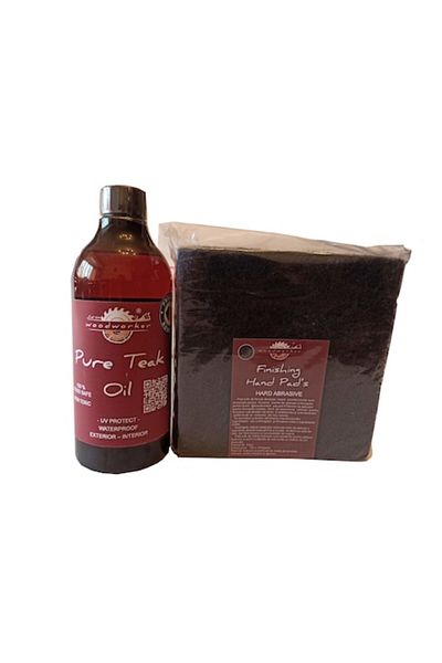 woodworker Kit intretinere Prep’N'Shine-Pure Teak Oil & Hand Pad’s Hard Abrasive negru, 500 ml