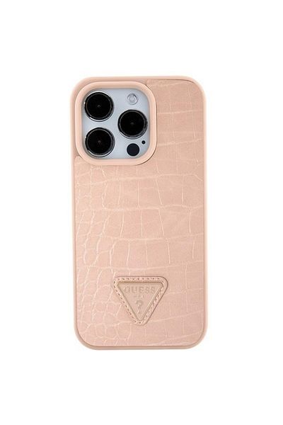 Guess IPhone 15 Case - Guess Croco Triangle Metal Logo (GUHCP15SPCRTHCP) - Pink