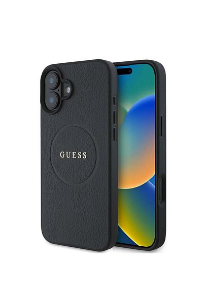 Guess Case for iPhone 16 Plus - Guess Grained Gold Ring MagSafe (GUHMP16MPGHSMMK) - Black