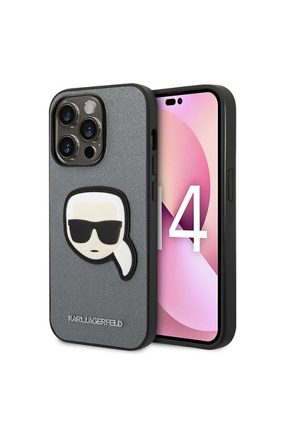 Karl Lagerfeld Case for iPhone 14 Pro - Karl Lagerfeld Saffiano (KLHCP14LSAPKHG) - Silver Karl`s Head
