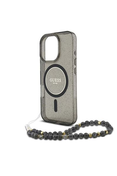 Guess Case for iPhone 16 Pro - Guess IML Glitter with Pearl Strap MagSafe (GUHMP16LHGCRELSK) - Black