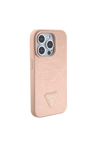 Guess IPhone 15 Case - Guess Croco Triangle Metal Logo (GUHCP15SPCRTHCP) - Pink
