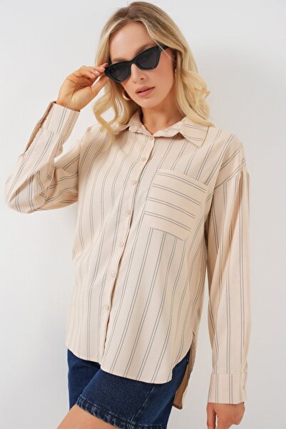 Viyamo 20143 Oversize Shirt with Pockets - Cream