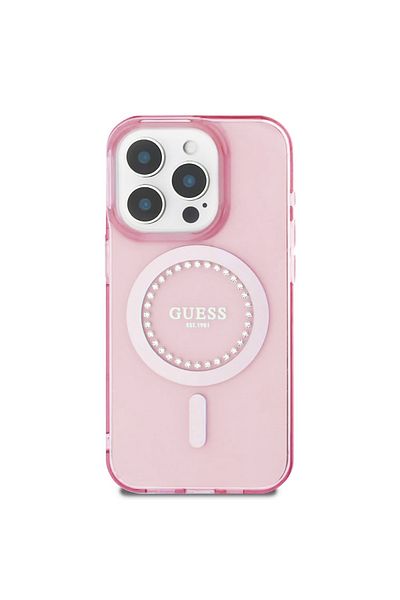 Guess Case for iPhone 16 Pro Max - Guess IML Rhinestones MagSafe (GUHMP16XPFTDTEP) - Pink