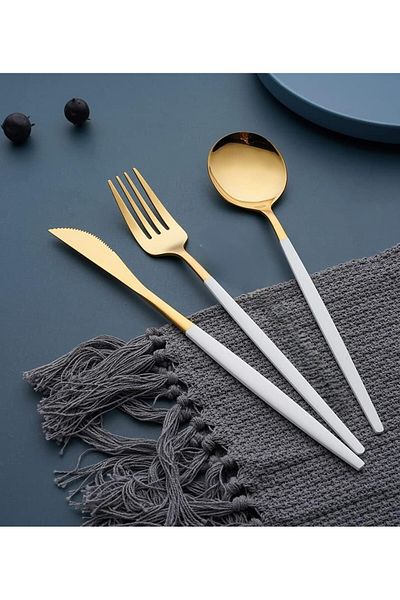 TARIK HOME A Personality Modern Gold White Stainless Steel 3 Piece Round Form Luxury Cutlery Knife Spoon Set