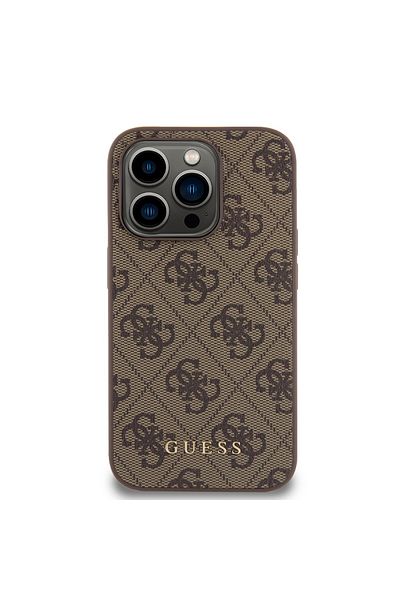 Guess Case for iPhone 15 Pro - Guess Hardcase 4G Metal Gold Logo (GUHCP15LG4GFBR) - Brown