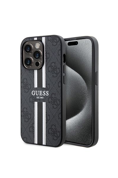 Guess Case for iPhone 15 Pro Max - Guess Hardcase 4G Printed Stripes MagSafe (GUHMP15XP4RPSK) - Black