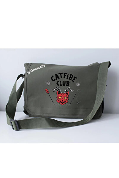 Minga London Τσάντα Messenger με στάμπα Khaki Cat Fire Club για σχολείο, μαθή...