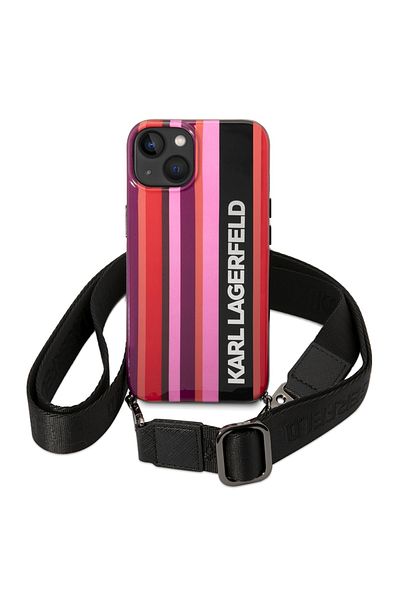 Karl Lagerfeld Carcasă pentru iPhone 14 - Karl Lagerfeld Hardcase cu curea (KLHCP14SSSTTP) - Dungi roz