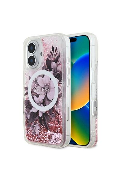 Guess Case for iPhone 16 - Guess Liquid Glitter Flower MagSafe (GUHMP16SLFMWTP) - Pink