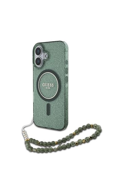 Guess Case for iPhone 16 Plus - Guess IML Glitter with Pearl Strap MagSafe (GUHMP16MHGCRELSA) - Green