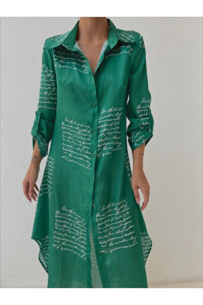 mass fashion Women's Satin Text Patterned Shirt Dress