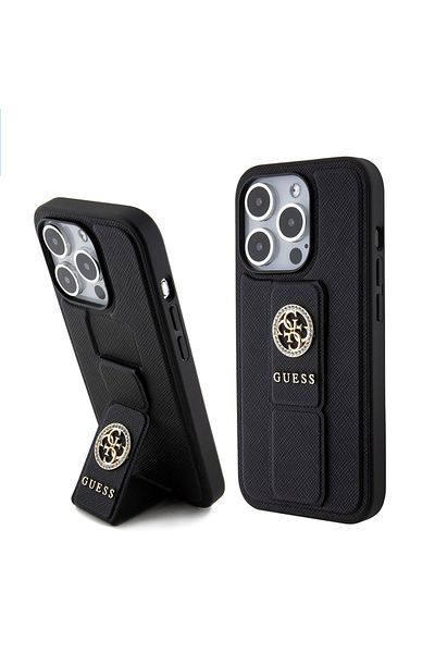 Guess Case for iPhone 15 Pro - Guess Grip Stand 4G Saffiano Strass (GUHCP15LPGSSADK) - Black